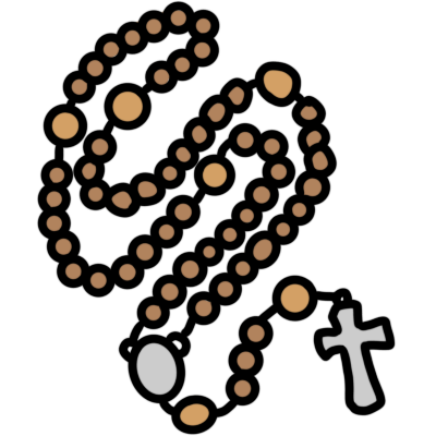 a curled rosary with light brown beads and a silver medallion and cross.